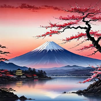 Mount Fuji at sunset, capturing majestic silhouette of mountain against vibrant, colorful sky as sun dips below horizon, creating tranquil scene. For art, creative projects, fashion, style, magazines