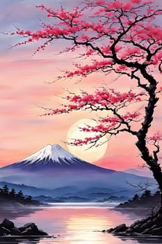 Japanese landscape adorned with delicate cherry blossoms, capturing essence of spring in Japan. For art, creative projects, fashion, style, blogs, social media, web design, print, magazine, banner