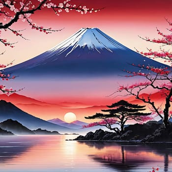 Mount Fuji at sunset, capturing majestic silhouette of mountain against vibrant, colorful sky as sun dips below horizon, creating tranquil scene. For art, creative projects, fashion, style, magazines