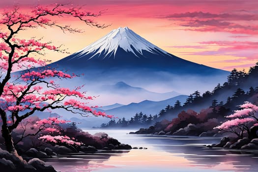 Mount Fuji at sunset, capturing majestic silhouette of mountain against vibrant, colorful sky as sun dips below horizon, creating tranquil scene. For art, creative projects, fashion, style, magazines