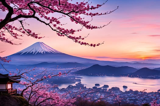 Mount Fuji at sunset, capturing majestic silhouette of mountain against vibrant, colorful sky as sun dips below horizon, creating tranquil scene. For art, creative projects, fashion, style, magazines