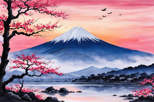 Cherry tree in full bloom with majestic Mount Fuji in background, capturing essence of traditional Japanese beauty, tranquility. For interior, commercial spaces to create stylish atmosphere, print