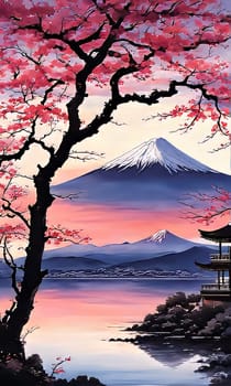 Cherry tree in full bloom with majestic Mount Fuji in background, capturing essence of traditional Japanese beauty, tranquility. For interior, commercial spaces to create stylish atmosphere, print