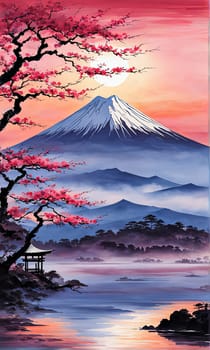 Cherry tree in full bloom with majestic Mount Fuji in background, capturing essence of traditional Japanese beauty, tranquility. For interior, commercial spaces to create stylish atmosphere, print