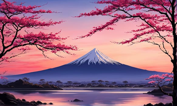 Cherry tree in full bloom with majestic Mount Fuji in background, capturing essence of traditional Japanese beauty, tranquility. For interior, commercial spaces to create stylish atmosphere, print