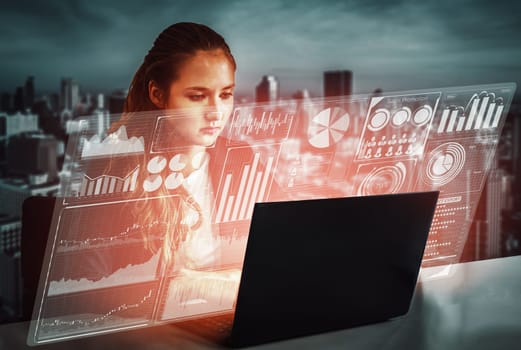 Big Data Technology for Business Finance Analytic Concept. Modern interface shows massive information of business sale report, profit chart and stock market trends analysis on screen monitor. uds