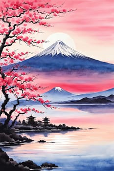 Cherry tree in full bloom with majestic Mount Fuji in background, capturing essence of traditional Japanese beauty, tranquility. For interior, commercial spaces to create stylish atmosphere, print