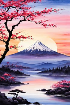 Cherry tree in full bloom with majestic Mount Fuji in background, capturing essence of traditional Japanese beauty, tranquility. For interior, commercial spaces to create stylish atmosphere, print