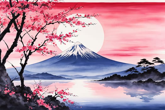 Painting of japanese Mount Fuji at sunset. For meditation apps, on covers of books about spiritual growth, in designs for yoga studios, spa salons, illustration for articles on inner peace, banner