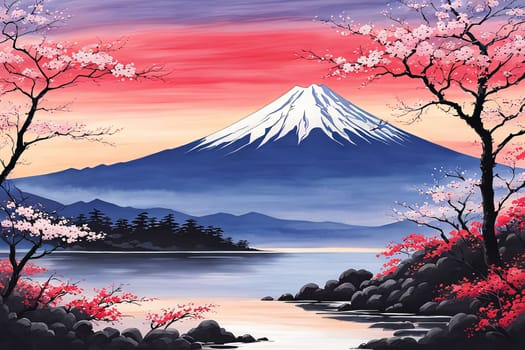 Japanese landscape adorned with delicate cherry blossoms, capturing essence of spring in Japan. For art, creative projects, fashion, style, blogs, social media, web design, print, magazine, banner