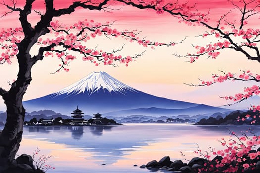 Painting of japanese Mount Fuji at sunset. For meditation apps, on covers of books about spiritual growth, in designs for yoga studios, spa salons, illustration for articles on inner peace, banner