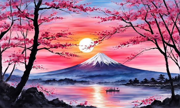 Mount Fuji range with red tree in foreground. For meditation apps, on covers of books about spiritual growth, in designs for yoga studios, spa salons, illustration for articles on inner peace, print