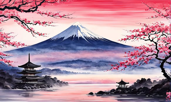 Mount Fuji range with red tree in foreground. For meditation apps, on covers of books about spiritual growth, in designs for yoga studios, spa salons, illustration for articles on inner peace, print