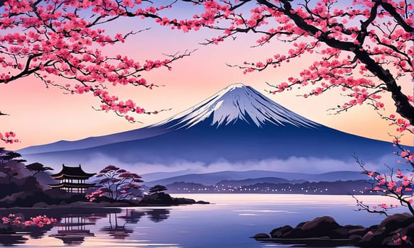 Mount Fuji range with red tree in foreground. For meditation apps, on covers of books about spiritual growth, in designs for yoga studios, spa salons, illustration for articles on inner peace, print