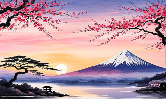 Mount Fuji range with red tree in foreground. For meditation apps, on covers of books about spiritual growth, in designs for yoga studios, spa salons, illustration for articles on inner peace, print