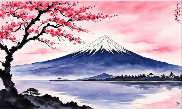 Mount Fuji range with red tree in foreground. For meditation apps, on covers of books about spiritual growth, in designs for yoga studios, spa salons, illustration for articles on inner peace, print