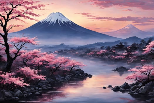 Japanese landscape adorned with delicate cherry blossoms, capturing essence of spring in Japan. For art, creative projects, fashion, style, blogs, social media, web design, print, magazine, banner