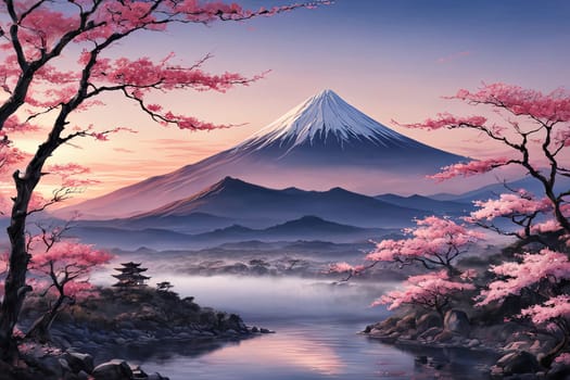 Mount Fuji range with red tree in foreground. For meditation apps, on covers of books about spiritual growth, in designs for yoga studios, spa salons, illustration for articles on inner peace, print