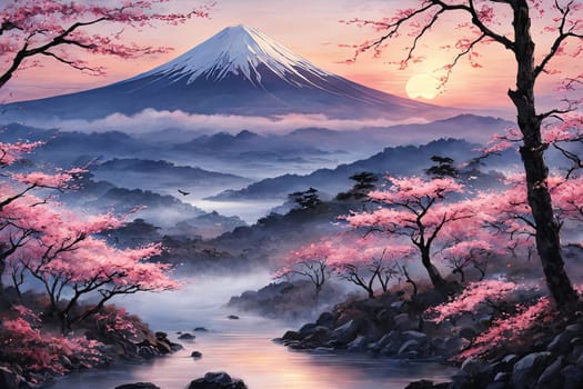 Mount Fuji range with red tree in foreground. For meditation apps, on covers of books about spiritual growth, in designs for yoga studios, spa salons, illustration for articles on inner peace, print