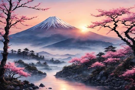 Mount Fuji range with red tree in foreground. For meditation apps, on covers of books about spiritual growth, in designs for yoga studios, spa salons, illustration for articles on inner peace, print