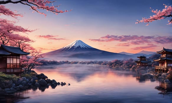 Majestic Mount Fuji, Japans iconic peak, bathed in warm hues of breathtaking sunset. Tranquil beauty of scene is accentuated by blending colors of sky. For art, creative projects, fashion, magazines