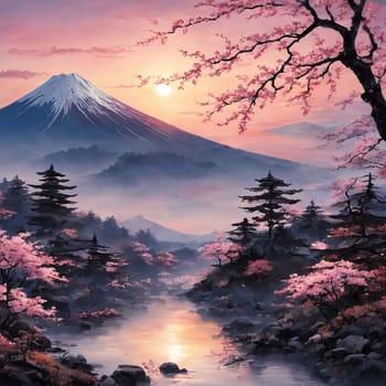 Majestic Mount Fuji, Japans iconic peak, bathed in warm hues of breathtaking sunset. Tranquil beauty of scene is accentuated by blending colors of sky. For art, creative projects, fashion, magazines