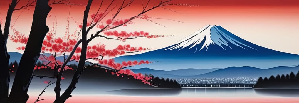 Cherry tree in full bloom with majestic Mount Fuji in background, capturing essence of traditional Japanese beauty, tranquility. For interior, commercial spaces to create stylish atmosphere, print