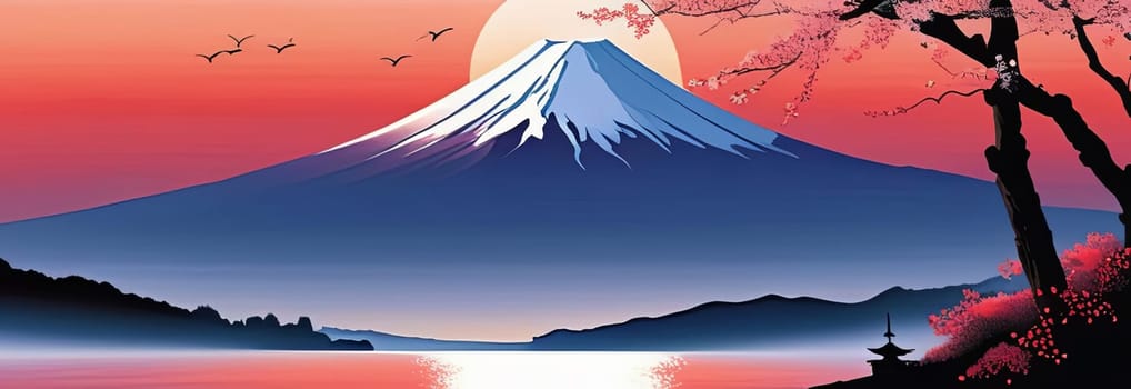 Painting of japanese Mount Fuji at sunset. For meditation apps, on covers of books about spiritual growth, in designs for yoga studios, spa salons, illustration for articles on inner peace, banner