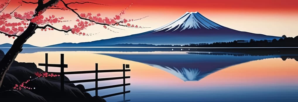 Majestic Mount Fuji, Japans iconic peak, bathed in warm hues of breathtaking sunset. Tranquil beauty of scene is accentuated by blending colors of sky. For art, creative projects, fashion, magazines