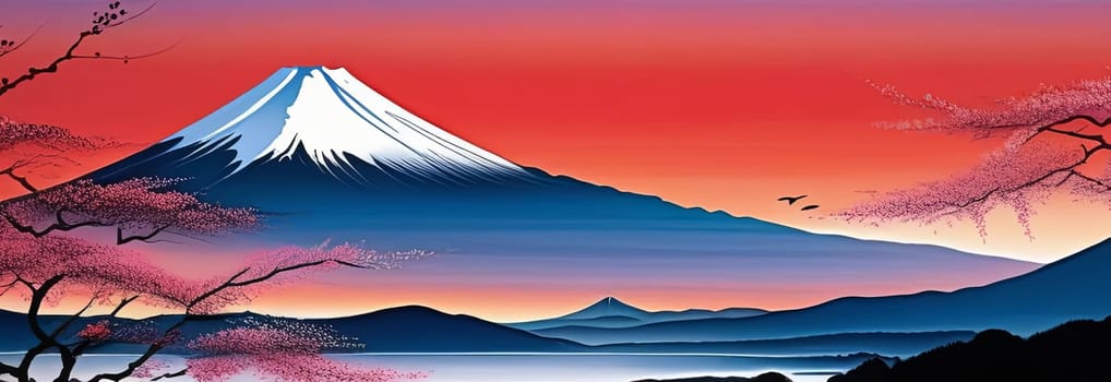 Mount Fuji range with red tree in foreground. For meditation apps, on covers of books about spiritual growth, in designs for yoga studios, spa salons, illustration for articles on inner peace, print