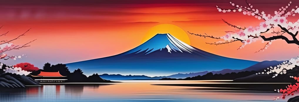 Painting of japanese Mount Fuji at sunset. For meditation apps, on covers of books about spiritual growth, in designs for yoga studios, spa salons, illustration for articles on inner peace, banner