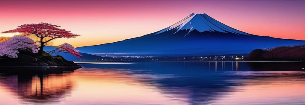 Mount Fuji range with red tree in foreground. For meditation apps, on covers of books about spiritual growth, in designs for yoga studios, spa salons, illustration for articles on inner peace, print