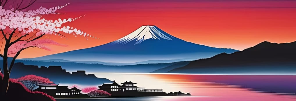 Mount Fuji range with red tree in foreground. For meditation apps, on covers of books about spiritual growth, in designs for yoga studios, spa salons, illustration for articles on inner peace, print