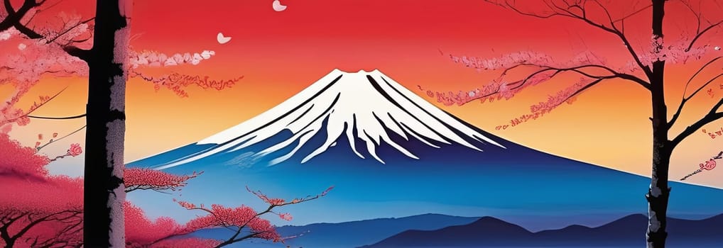 Painting of japanese Mount Fuji at sunset. For meditation apps, on covers of books about spiritual growth, in designs for yoga studios, spa salons, illustration for articles on inner peace, banner