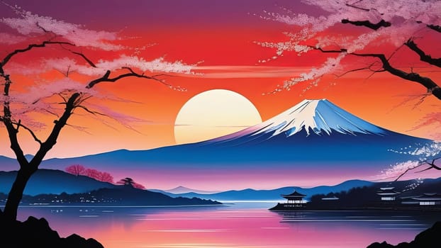 Painting of japanese Mount Fuji at sunset. For meditation apps, on covers of books about spiritual growth, in designs for yoga studios, spa salons, illustration for articles on inner peace, banner