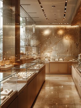 Upmarket Jewelry Store with Precious Gems in Elegant Disarray, The soft shimmer of jewels and glass cases suggests refinement and high-value transactions.