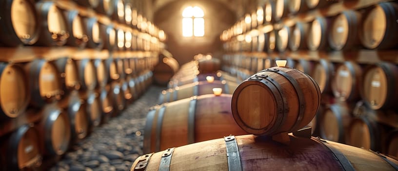 Vintage Winemaking Cellar with Barrels in Soft Focus, The shadowy outlines of wine barrels suggest tradition and the aging of fine wines.