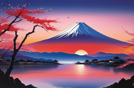 Painting of japanese Mount Fuji at sunset. For meditation apps, on covers of books about spiritual growth, in designs for yoga studios, spa salons, illustration for articles on inner peace, banner