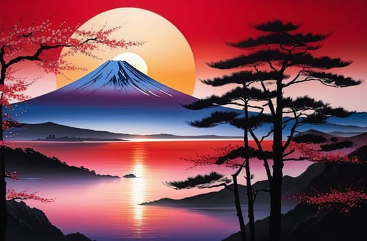 Painting of japanese Mount Fuji at sunset. For meditation apps, on covers of books about spiritual growth, in designs for yoga studios, spa salons, illustration for articles on inner peace, banner