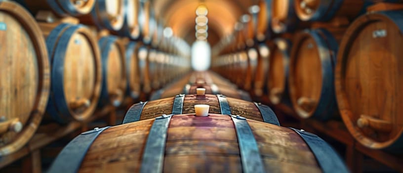 Vintage Winemaking Cellar with Barrels in Soft Focus, The shadowy outlines of wine barrels suggest tradition and the aging of fine wines.