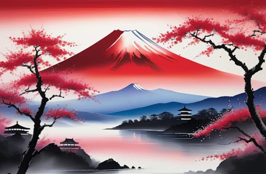 Majestic Mount Fuji, Japans iconic peak, bathed in warm hues of breathtaking sunset. Tranquil beauty of scene is accentuated by blending colors of sky. For art, creative projects, fashion, magazines