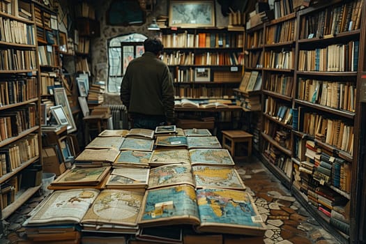 Vintage Bookstore with Antique Maps of the World Fading into Shelves, Blurred edges of ancient maps hint at historical exploration and literary charm.