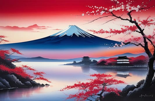 Majestic Mount Fuji, Japans iconic peak, bathed in warm hues of breathtaking sunset. Tranquil beauty of scene is accentuated by blending colors of sky. For art, creative projects, fashion, magazines