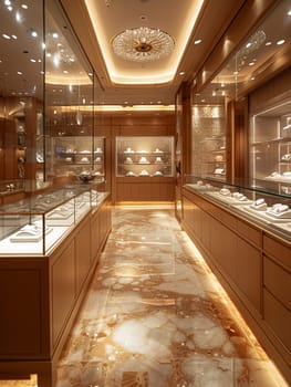 Upmarket Jewelry Store with Precious Gems in Elegant Disarray, The soft shimmer of jewels and glass cases suggests refinement and high-value transactions.