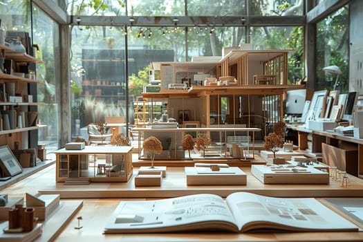 Spacious Architecture Firm with Models and Drafts in Motion, The blur of creative materials and focused architects suggests design and vision coming to life.