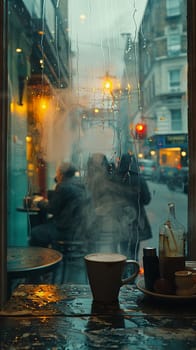 Cozy Coffee House Corner with Blurred Patrons and Steamy Mugs, The hazy warmth of the interior invites contemplation and community.