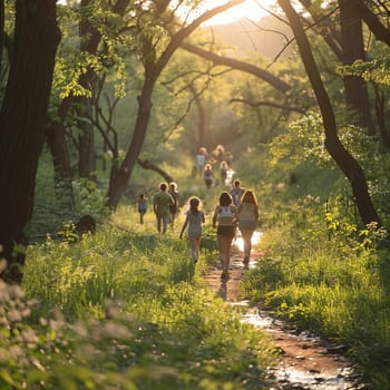 Nature Hiking Trail with Families Enjoying a Weekend Walk, The blur of movement amid greenery suggests the active pursuit of outdoor recreation.