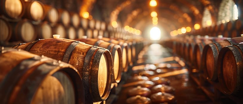 Vintage Winemaking Cellar with Barrels in Soft Focus, The shadowy outlines of wine barrels suggest tradition and the aging of fine wines.