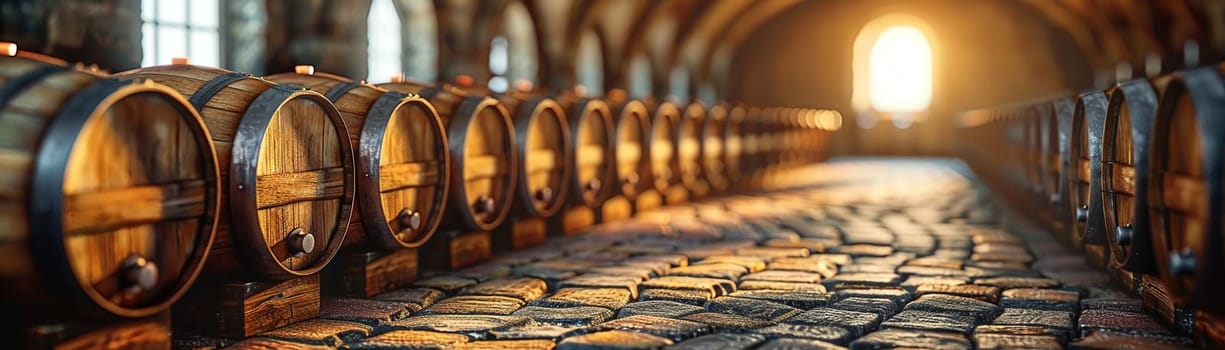 Vintage Winemaking Cellar with Barrels in Soft Focus, The shadowy outlines of wine barrels suggest tradition and the aging of fine wines.