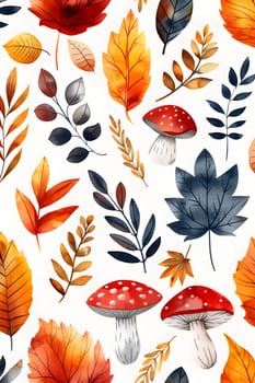 A creative artsinspired dishware set featuring a seamless pattern of autumn leaves and mushrooms in orange hues on porcelain. Perfect for adding a touch of botanical art to your tableware collection